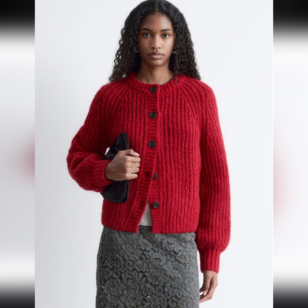 & Other Stories Red Chunky Knit Balloon Sleeve Wool Caridgan Sweater Size Large